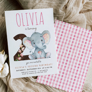 Invitación de segundo cumpleaños a Elefante Rosa