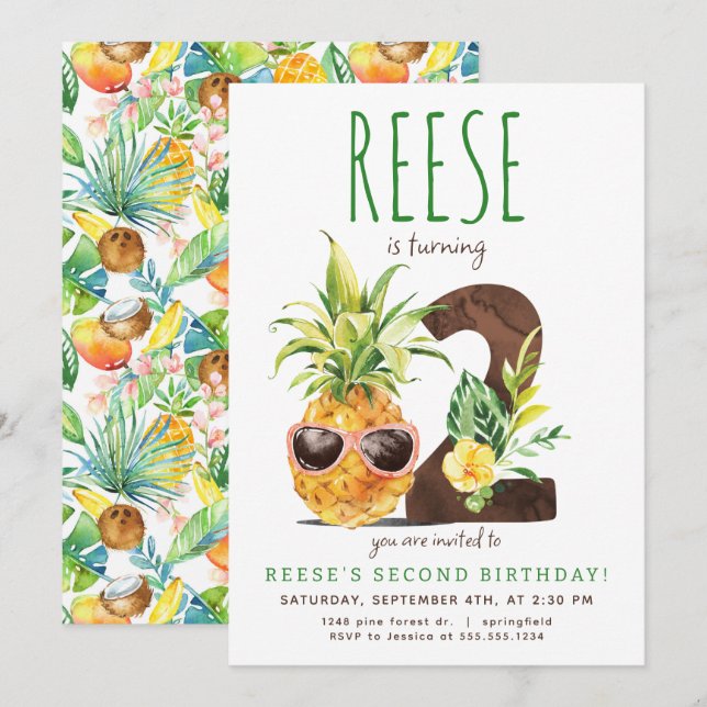 Invitación de segundo cumpleaños a la piña tropica (Anverso / Reverso)