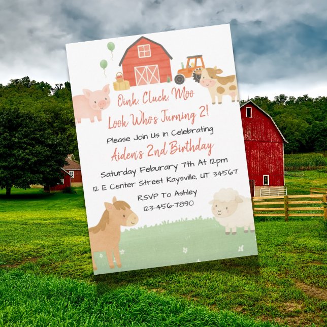 Invitación de segundo cumpleaños a un animal de ba (Farm-themed second birthday invitation design with barn, animals, and playful farm elements.)