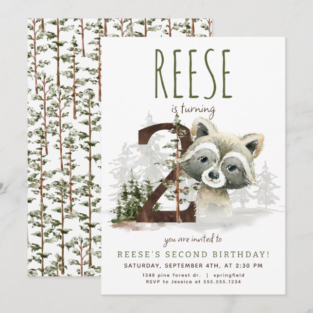 Invitación de segundo cumpleaños a Woodland Raccoo (Anverso / Reverso)