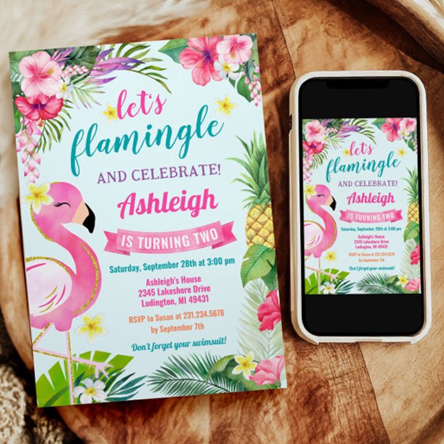 Invitación de segundo cumpleaños al verano tropica (Tropical Summer Flamingo 2nd Birthday Party Invitation.)
