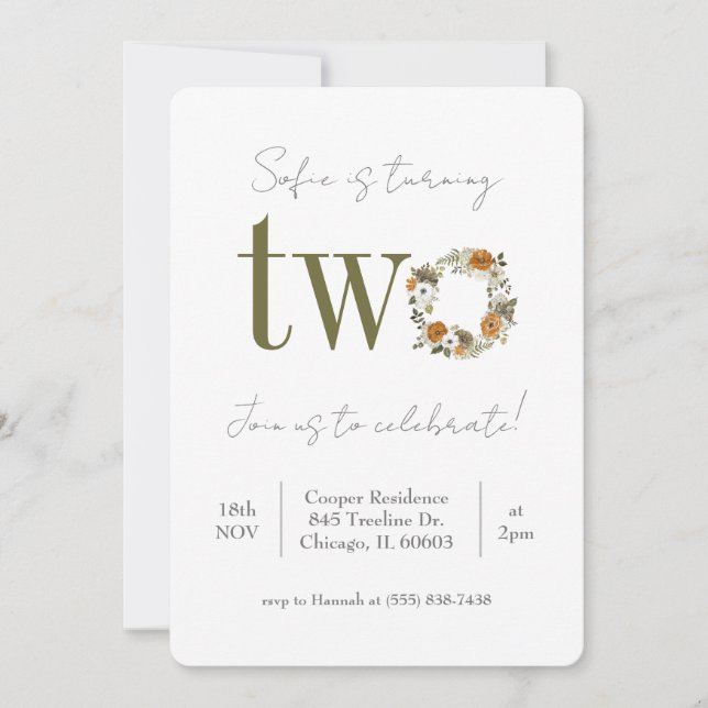 Invitación de segundo cumpleaños con flores (Anverso)