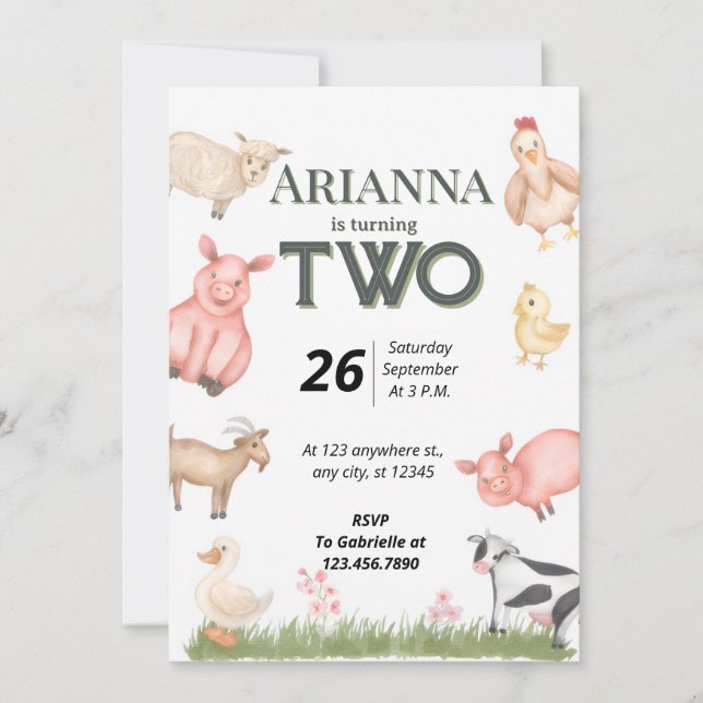 Invitación de segundo cumpleaños de animales de gr (Anverso)