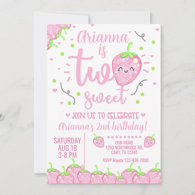 Invitación de segundo cumpleaños de chica de fresa (Anverso)