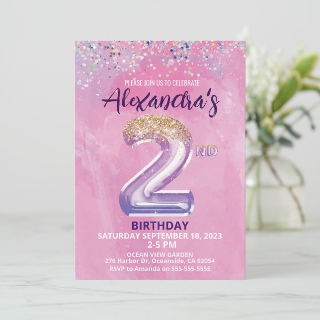 Invitación de segundo cumpleaños de Chica de globo (Anverso de pie)