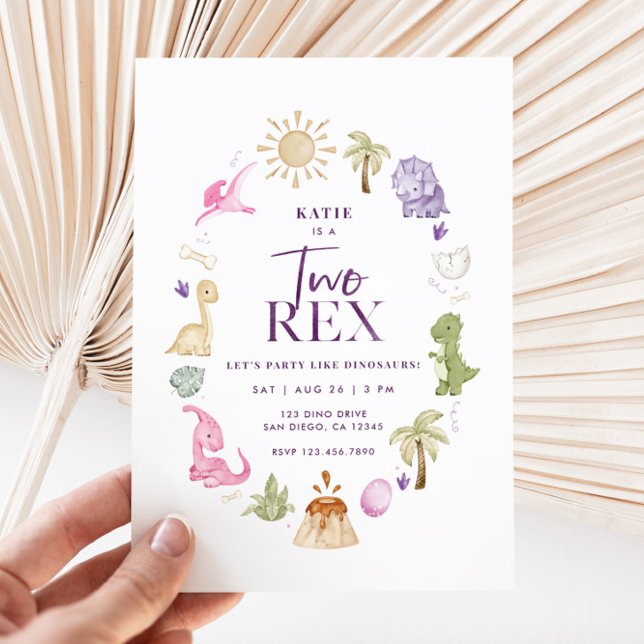 Invitación de segundo cumpleaños de chica Dos Rex  (Girl Dino 2nd Birthday Invitation)