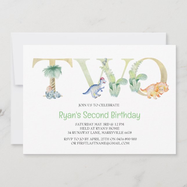 Invitación de segundo cumpleaños de Dinosaurio (Anverso)