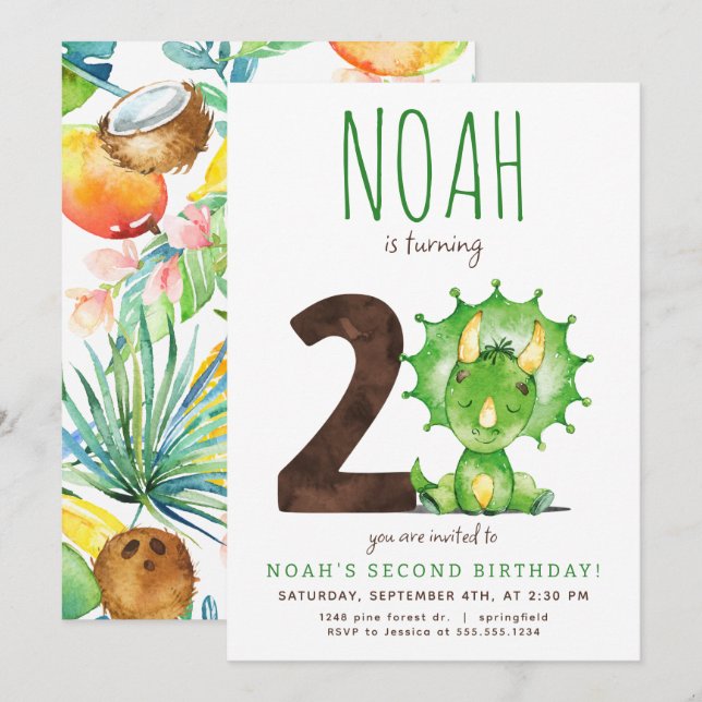 Invitación de segundo cumpleaños de dinosaurio ver (Anverso / Reverso)