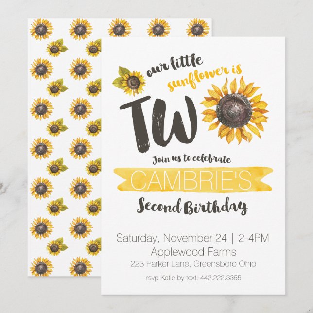 Invitación de segundo cumpleaños de girasol (Anverso / Reverso)