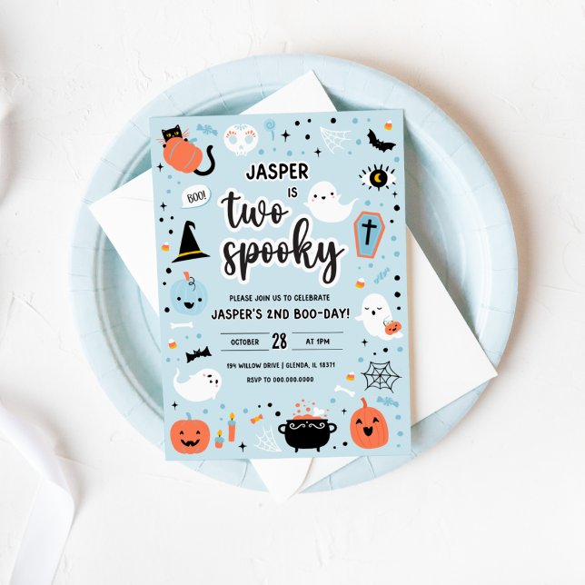 Invitación de segundo cumpleaños de Halloween azul (Blue and Orange Halloween 2nd Birthday Invitation )