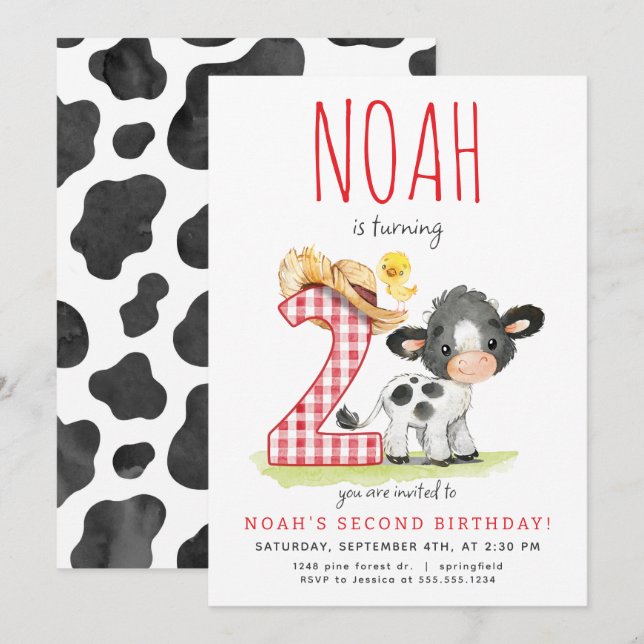 Invitación de segundo cumpleaños de la vaca de gra (Anverso / Reverso)