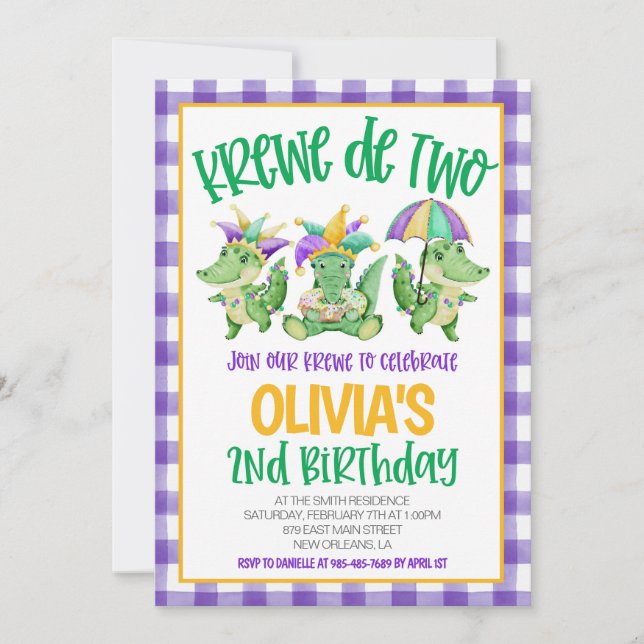 Invitación de segundo cumpleaños de Mardi Gras Kre (Anverso)