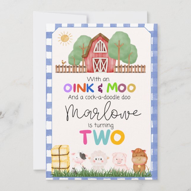 Invitación de segundo cumpleaños de Oink & Moo Cut (Anverso)