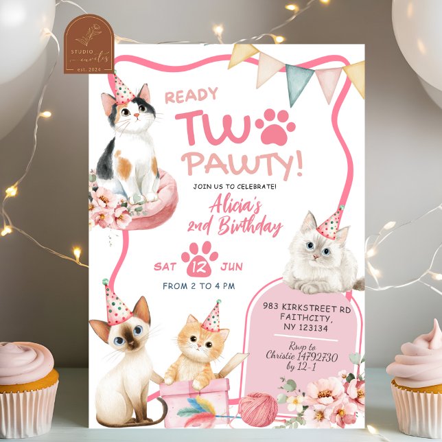 Invitación de segundo cumpleaños de Pink Cat Ready (Subido por el creador)