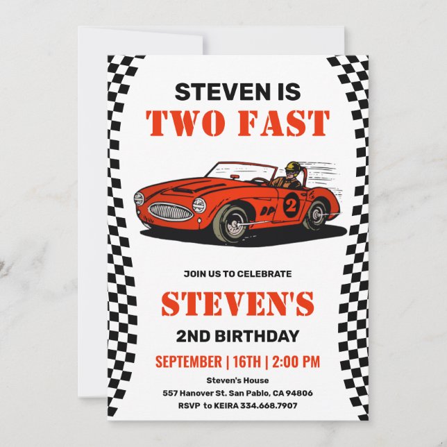 Invitación de segundo cumpleaños de Race Car Boy (Anverso)