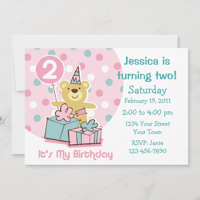 Invitación de segundo cumpleaños de Teddy Bear (Anverso)