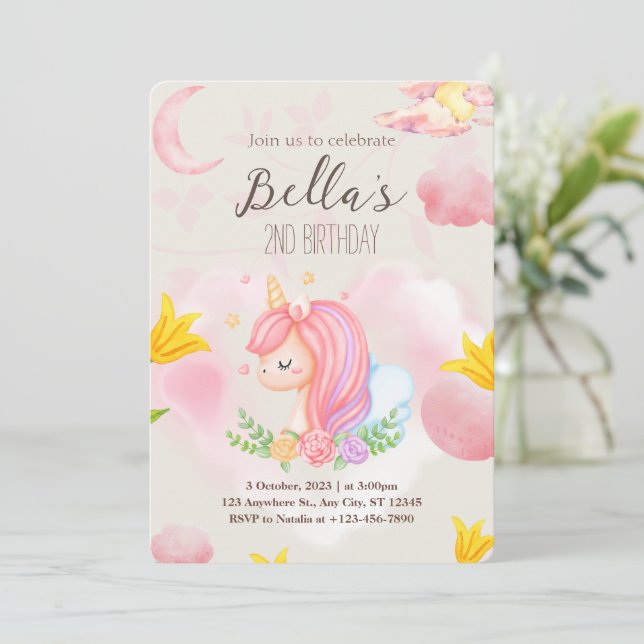 Invitación de segundo cumpleaños de Unicornio rosa (Anverso de pie)