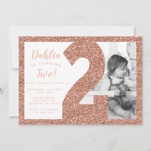 Invitación de segundo cumpleaños en rosa oro, bril (Anverso)
