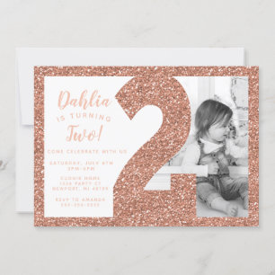 Invitación de segundo cumpleaños en rosa oro, bril
