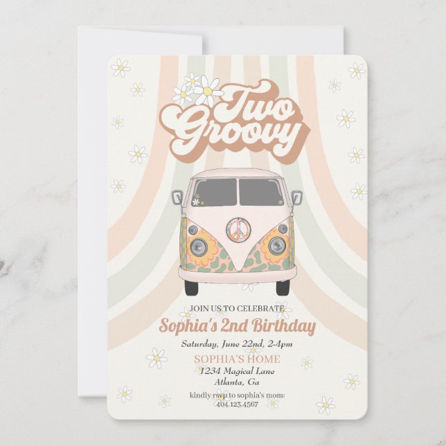 Invitación de segundo cumpleaños Groovy, tema retr (Anverso)