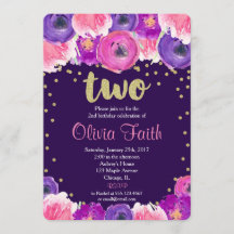 invitación de segundo cumpleaños morado y dorado