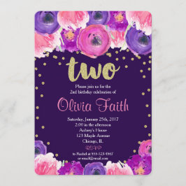 invitación de segundo cumpleaños morado y dorado