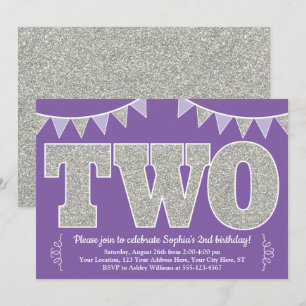 Invitación de segundo cumpleaños morado y plateado