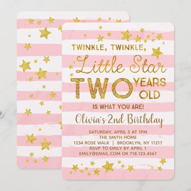 Invitación de segundo cumpleaños rosada Estrella p (Anverso / Reverso)