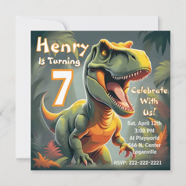 Invitación de séptimo cumpleaños de Roar T-Rex Din (Anverso)