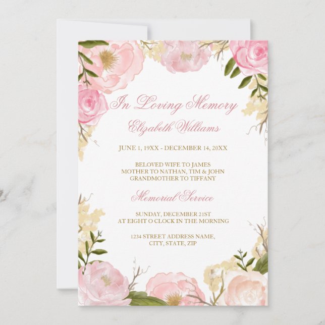 Invitación de Servicio Memorial de Rosa Rosa Elega (Anverso)