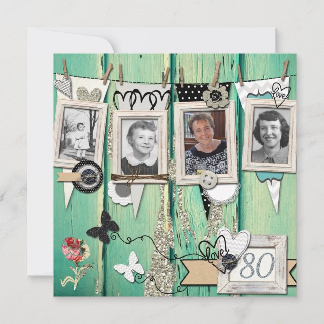 Invitación de Shabby Chic Photo 80th Birthday Part (Anverso)