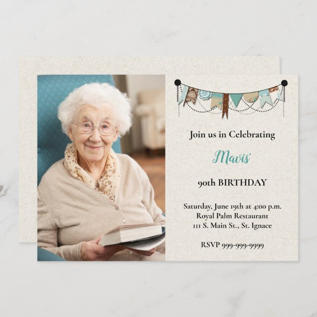 Invitación de Shabby Chic Photo 90th Birthday Part (Anverso / Reverso)