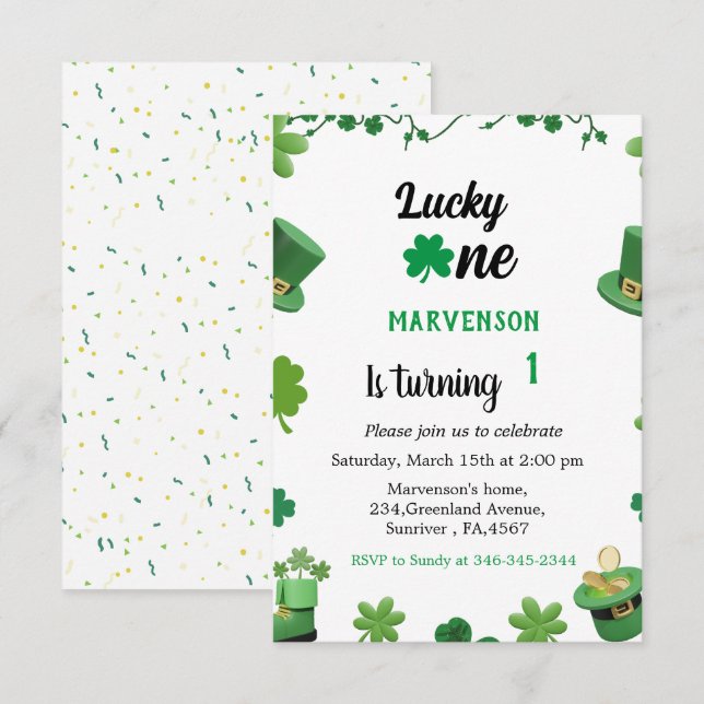 Invitación de shamrock para el cumpleaños de St pa (Anverso / Reverso)