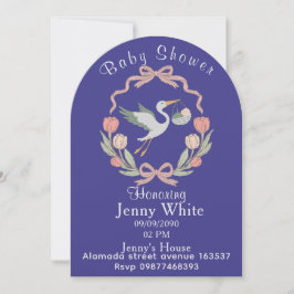 Invitación de shower de bebé con cigüeña floral