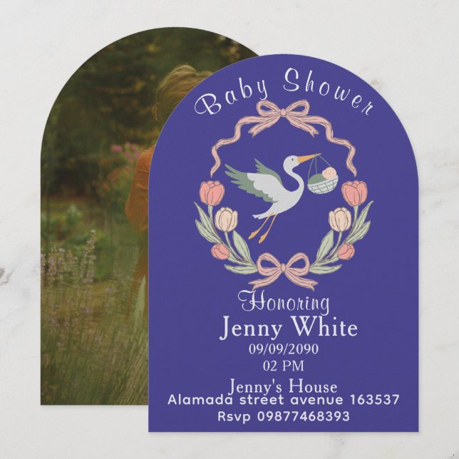 Invitación de shower de bebé con cigüeña floral (Anverso / Reverso)