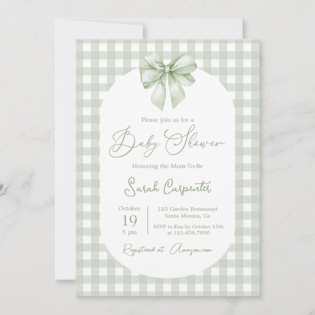 invitación de shower de bebé con lazo verde sage (Anverso)