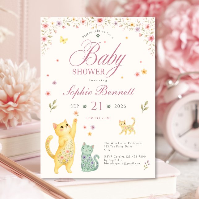 Invitación de Shower de Bebé de Gata Floral para N (Floral Cat Baby Shower Invitation for Girls)