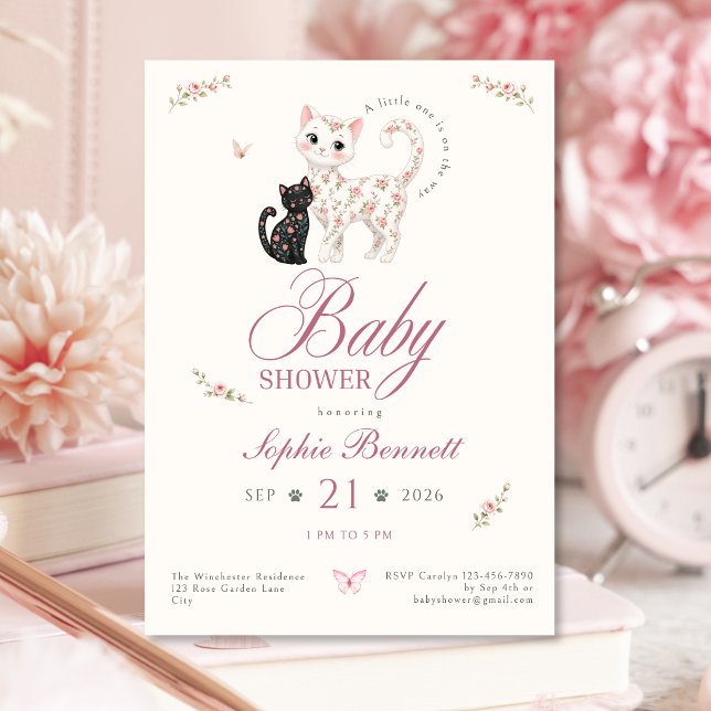 Invitación de shower de bebé de gato floral para n (Floral Cat Baby Shower Invitation for Girls)