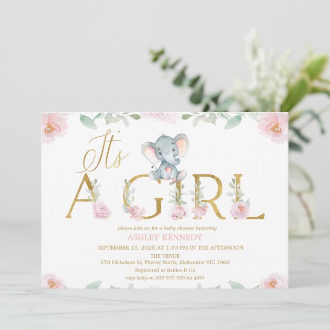 Invitación de shower de bebé de niña elefante rosa (Anverso de pie)