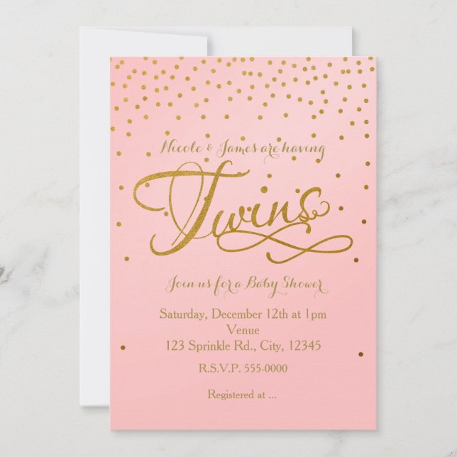 Invitación de shower de bebé de niña gemelas rosa  (Anverso)
