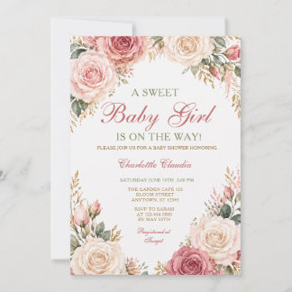 Invitación de shower para bebé niña floral rosa ru