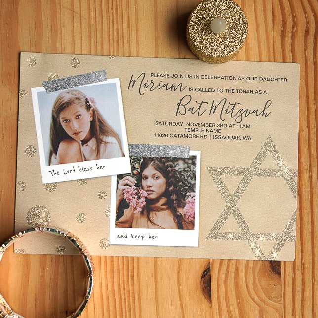 Invitación de Silver, Bat Mitzvah, Purpurina de or (Gold and silver glitter star of david bat mitzvah invitation with photos)