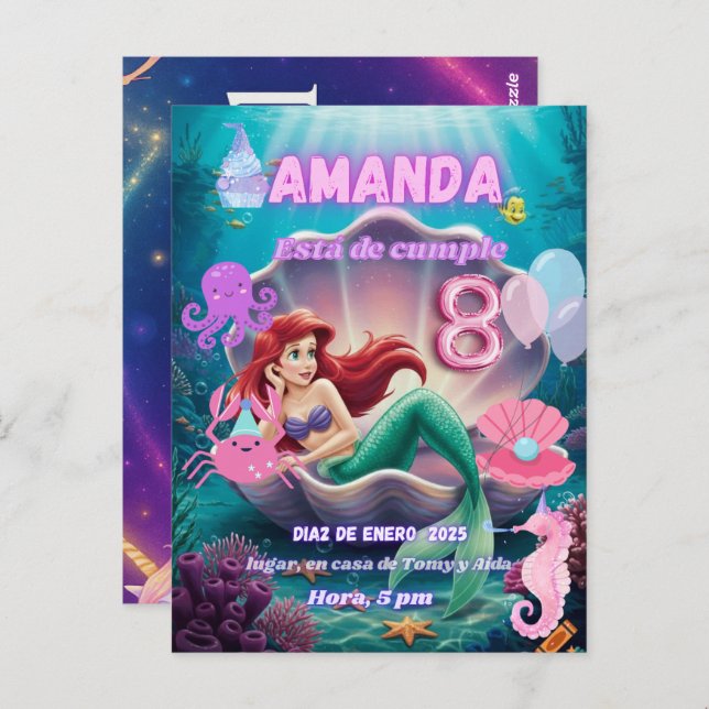 invitacion de Sirena Ariel brillante (Anverso / Reverso)