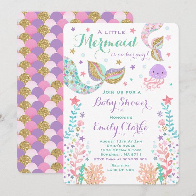 Invitación de sirena Baby Shower ducha dorada rosa (Anverso / Reverso)