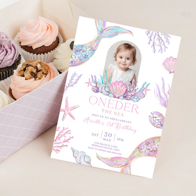 Invitación de Sirena Editable Bajo el Mar (Mermaid Tail 1st Birthday Invitation With Picture)
