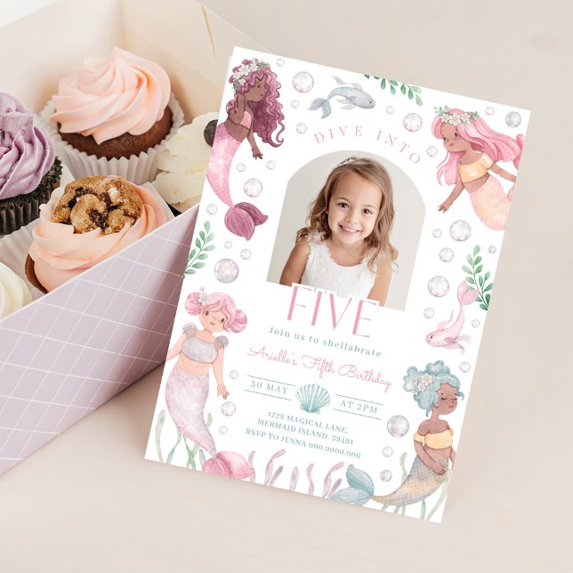 Invitación de sirena editable para cinco cumpleaño (Watercolor Mermaid 5th Birthday Invitation With Picture)