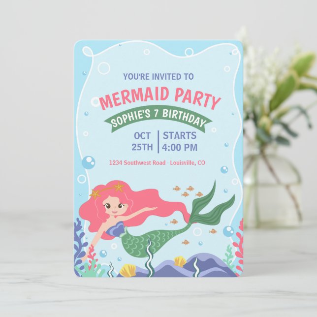 Invitación de Sirena Linda, Cumpleaños Bajo El Mar (Anverso de pie)