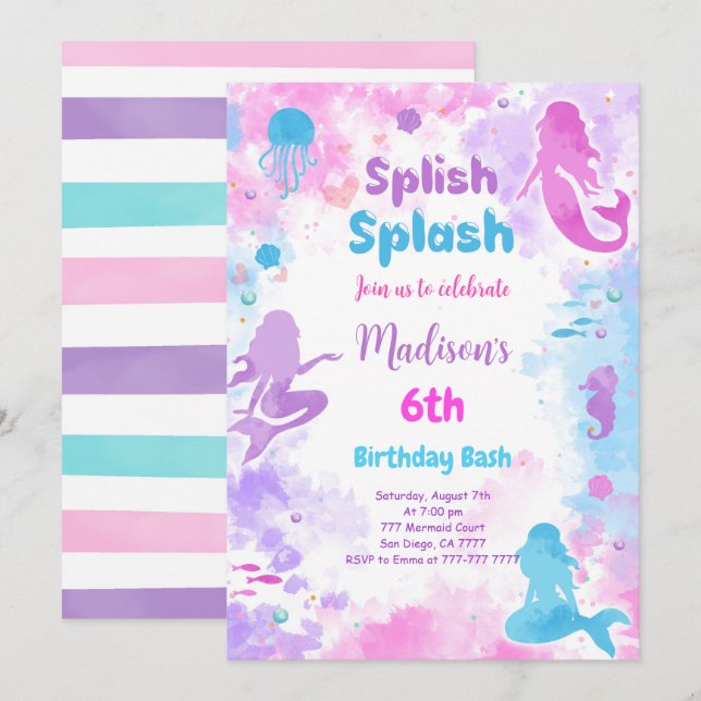 Invitación de sirena para cumpleaños 6 (Anverso / Reverso)