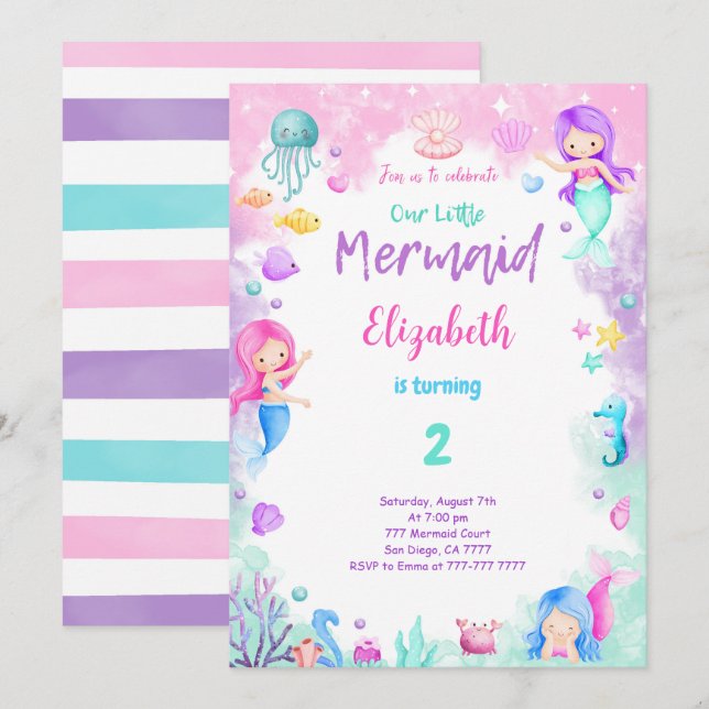 Invitación de sirena para cumpleaños número 2 (Anverso / Reverso)