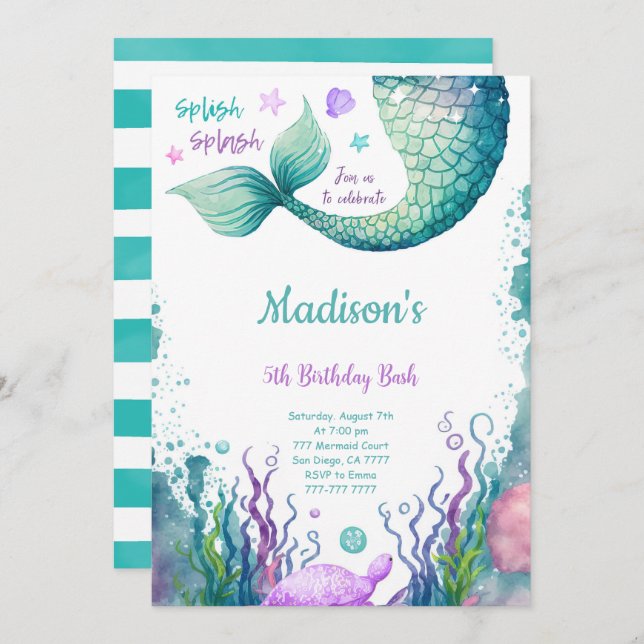 Invitación de sirena para cumpleaños número 5 (Anverso / Reverso)